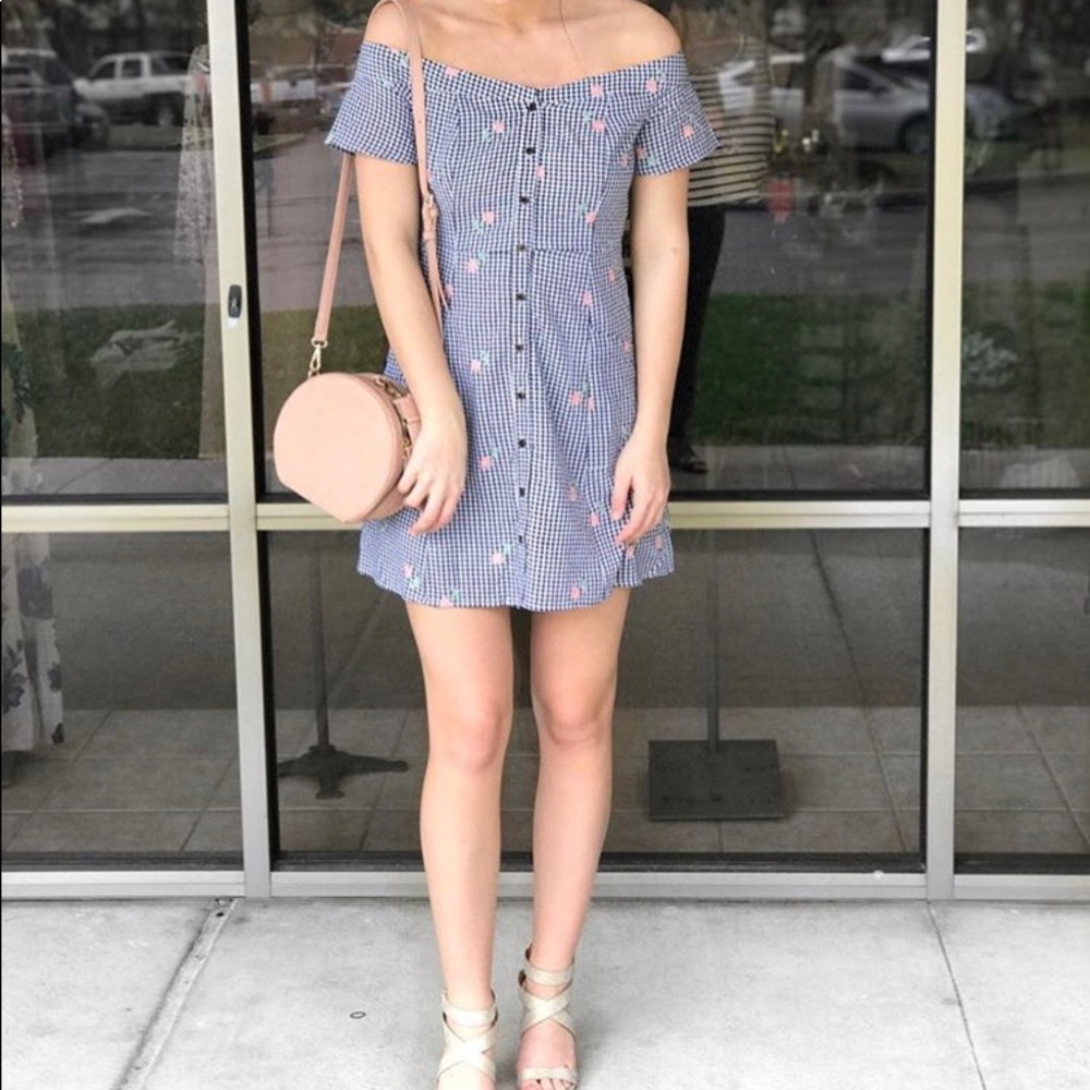 Everly gingham flower print off the shoulder dress
